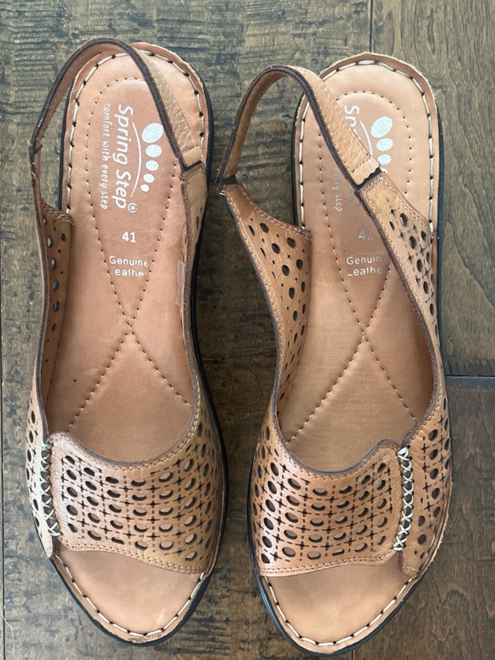 Spring Step Jordana camel tan leather slingback sandals with geometric pattern